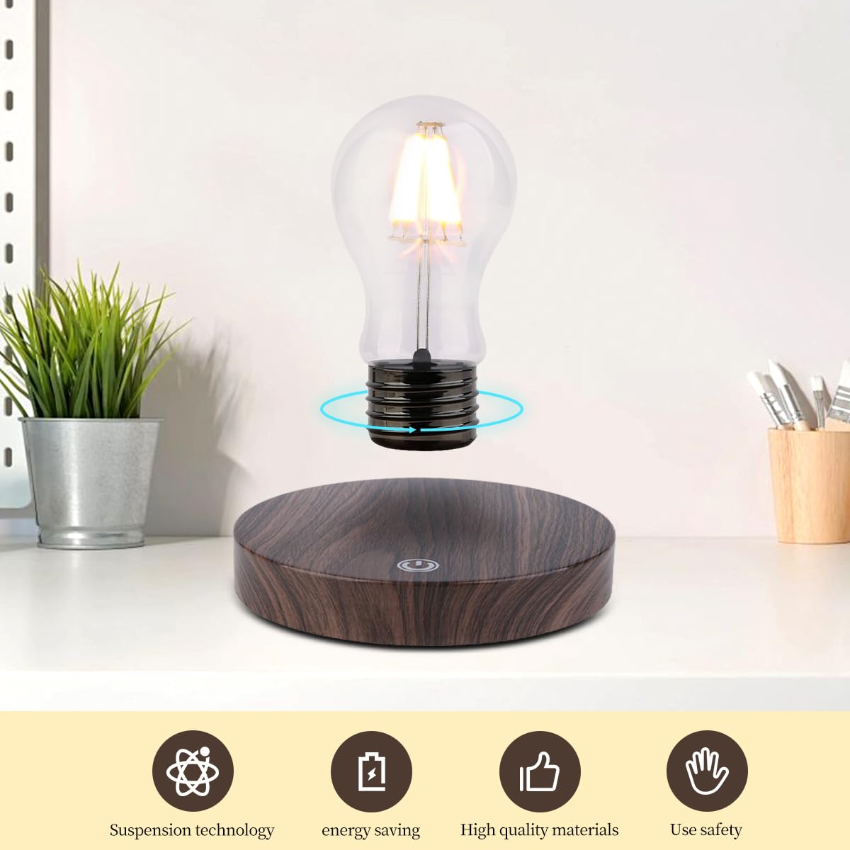Vgazer Magnetic Levitating Floating Wireless Led Light Bulb Desk Lamp For Unique , Room Decor, Night Light, Home Office Desk Decor (Round Wooden Base A)