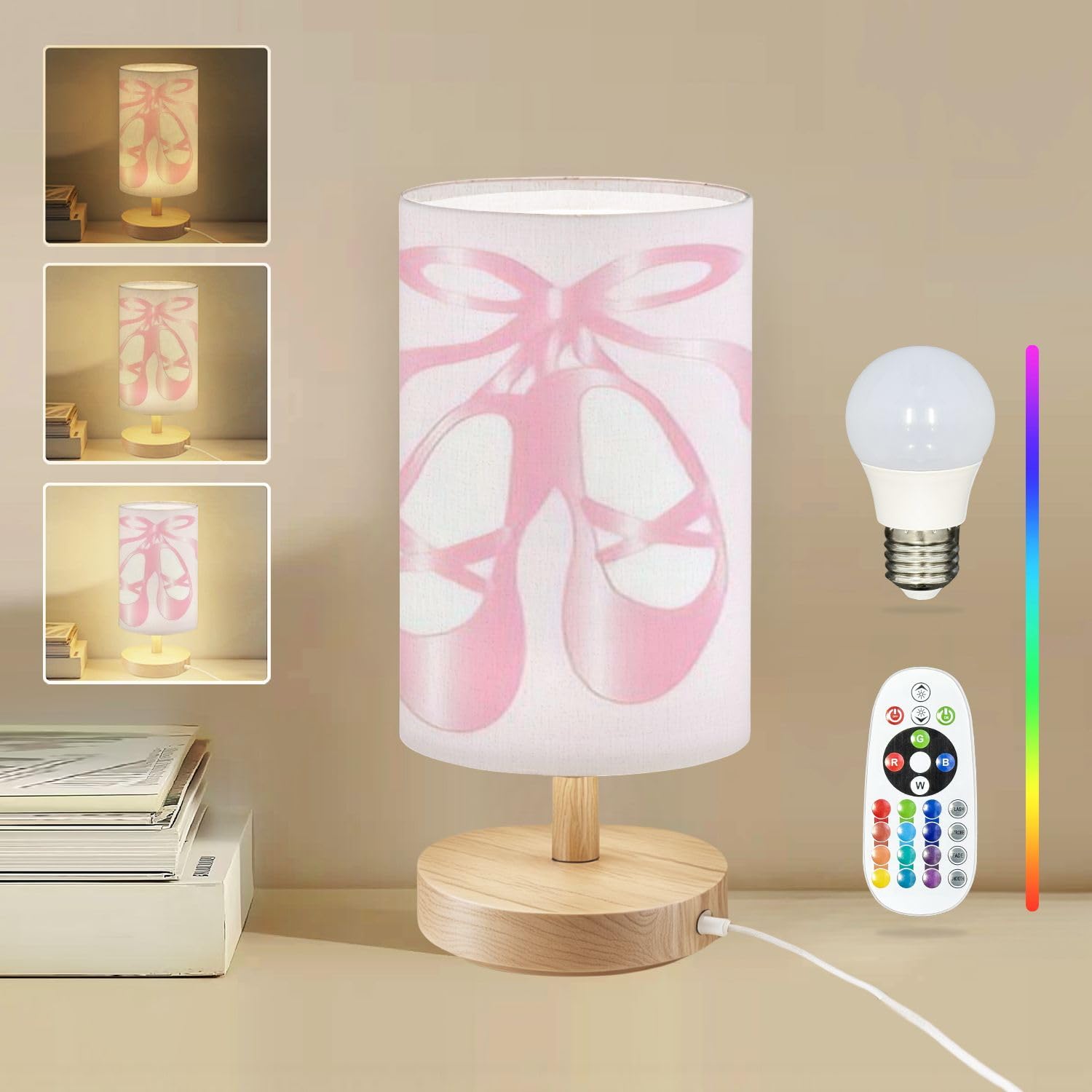 Breezzora Bedside Table Lamp Ballet Shoes 16-Way Dimmable Small Desk Lamp With Round Flaxen Fabric Shade For Nightstand Bedroom Living Room Home Decor