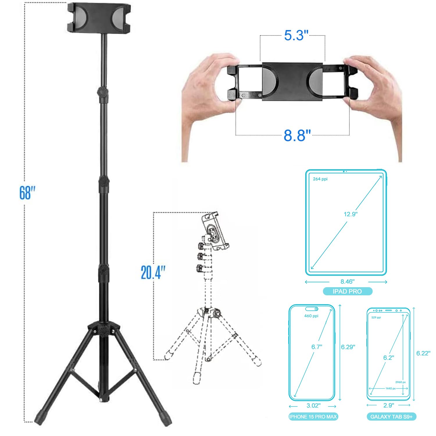 Nunet Tablet Tripod For Ipad Pro Floor Stand Tripod Mount For Surface Pro Samsung Tab S9+ Holder Stand W. Remote 360° Rotating Adjustable 68" Tall For All 5.8-12.9" Phone/Tablet