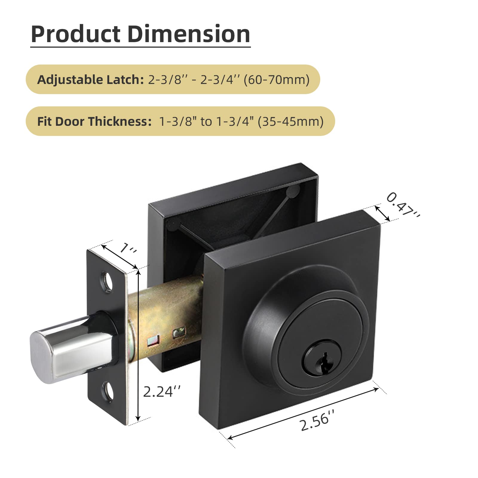 Toocust Square Single Cylinder Modern Deadbolt Lock With Keys, Matte Black Deadbolt For Front Door Entrance, Front Door Security Lock, Keyed 1 Side