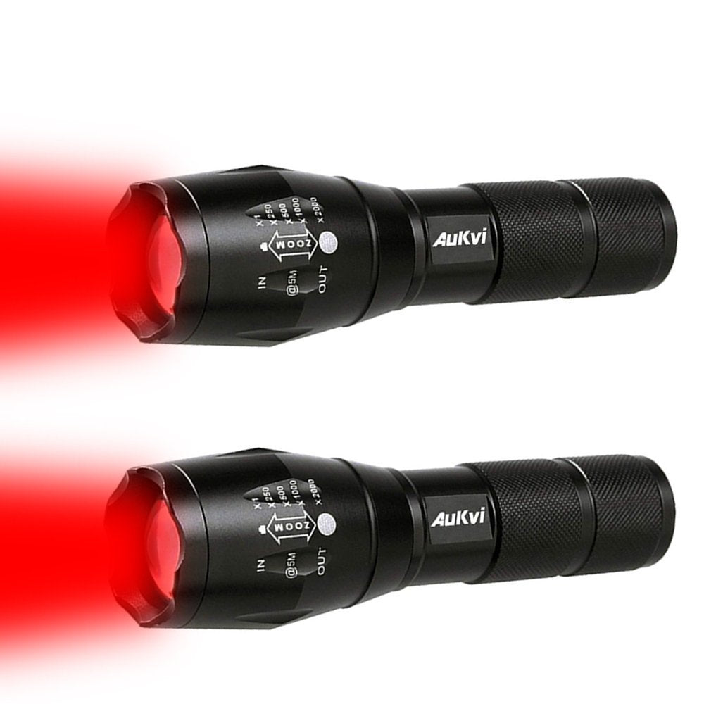 Aukvi 2 Pcs Powerful Red Led Flashlight - Long Range Red Hunting Light Torch, Zoombale, Waterproof, Best For Astronomy, Aviation, Night Observation