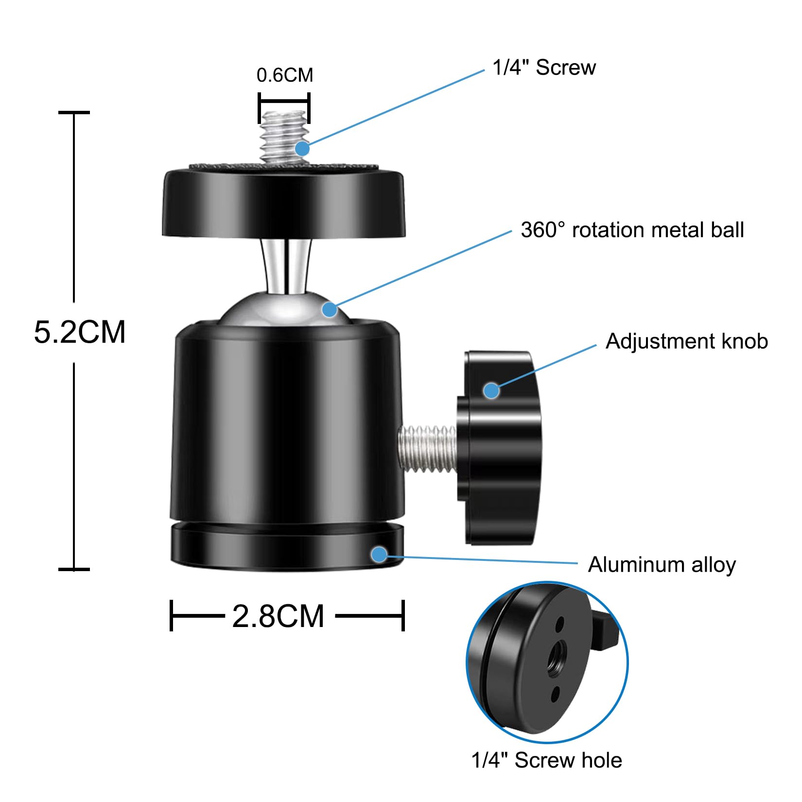 Folgtek 6Pcs Mini Universal Ball Heads Tripod Ball Head Camera Screw Mount, 360 Degrees Rotatable Tilt With 1/4 Inch Screew For Cameras Smart Phone Tripods Monopods Camcorder Led Light Stand