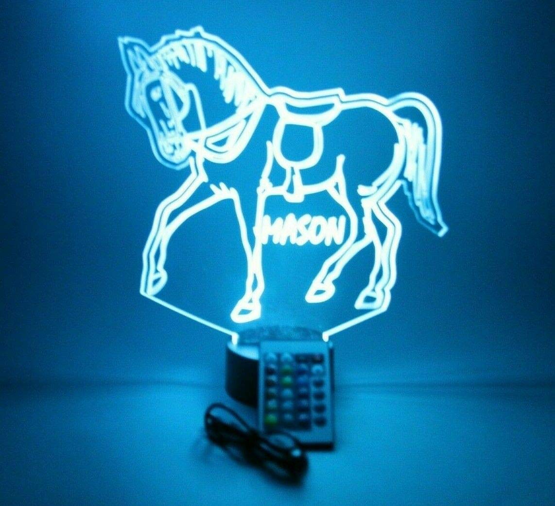 Mirror Mania Horse Light Up Lamp Led Personalized Name Night Light Engraved Running Horses Rider Stallion Table Lamp - It'S Wow, With Remote, 16 Color Options, Dimmer, Engraved, Great