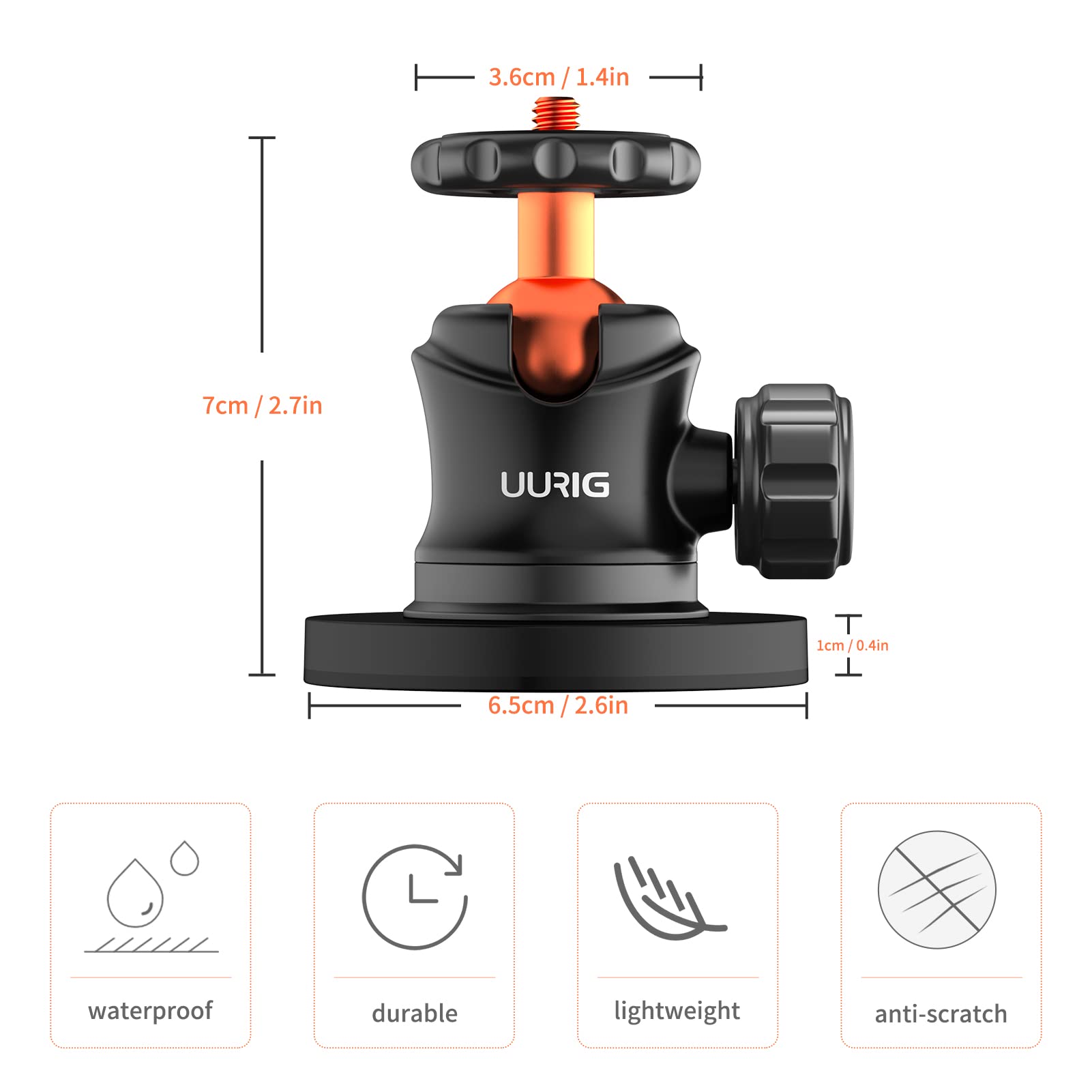 Vrig Express Uurig Bh07 Magnetic Camera Mount With 360° Ball Head, Magnetic Mount Base Stand With 1/4"-20 Thread Compatible With Gopro, Rubber Coated Magnet Base Deal For Mounting Action Cameras To Cars Body