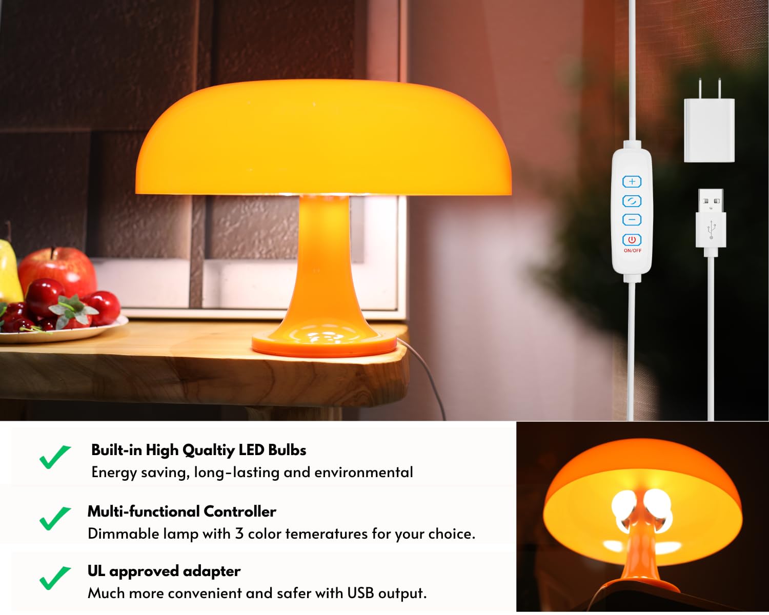 Uehict Orange Mushroom Lamp, Mushroom Shaped Donut Lamp With 3 Lighting Modes, 70S Retro Mid Century Modern Light For Bedroom, Dimmable Funky Unique Light Cool Home Decor Aesthetic