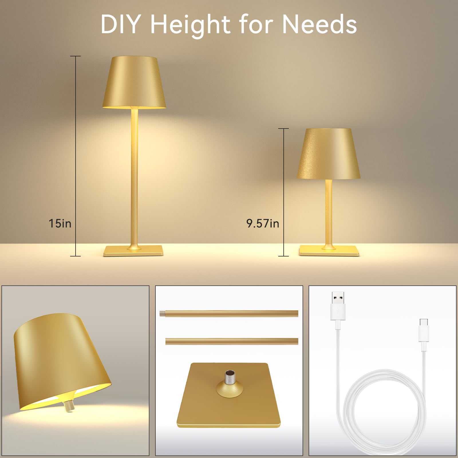 Yogaret 2 Pack Gold Rechargeable Table Lamps,Cordless Lamp With 6000Mah Battery Operated,Wireless Lamp For Restaurant Home Dinner Dining Kitchen Outdoor Patio,Waterproof & Portable