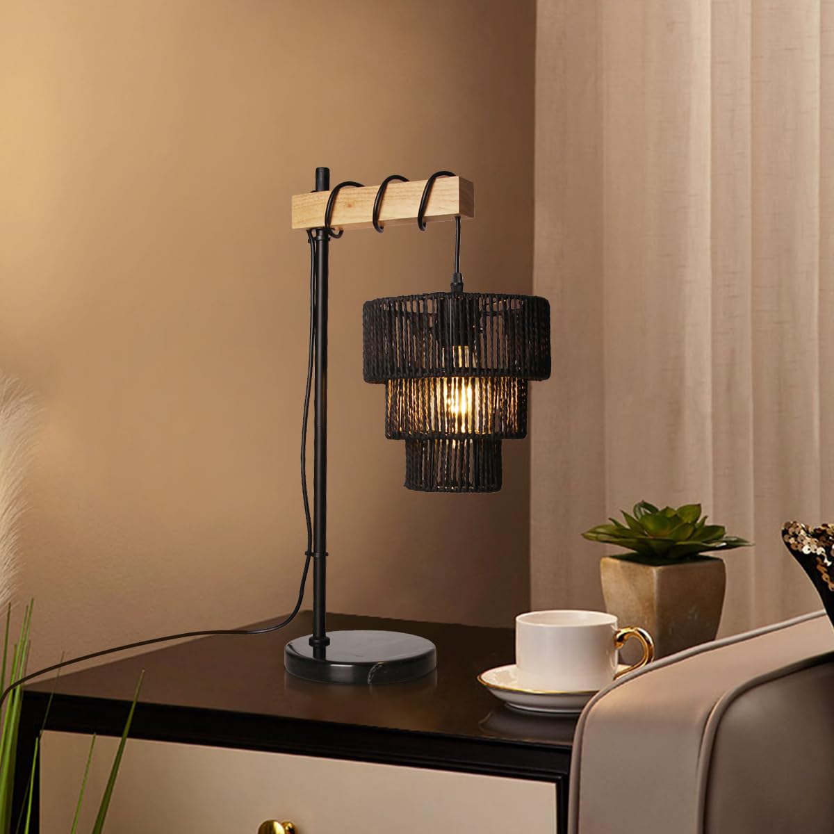 Masivel Rattan Table Lamp, Boho Wicker Table Lamps, Wood Bedside Desk Lamps For Bedroom Living Room Office Nightstand, E26, Black
