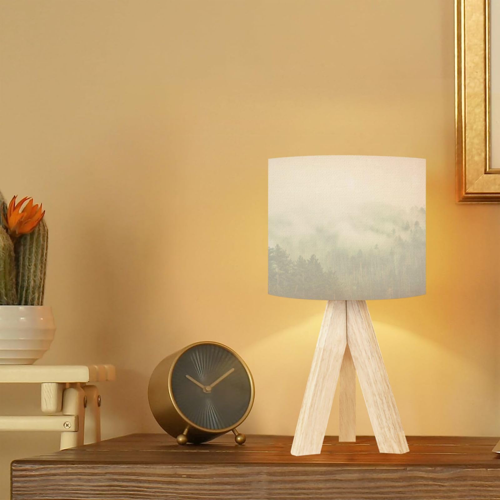 Dqwijakx91 Tripod Table Lamp Clouds Mountain Forest Mountain Landscape Scenery Nature Tree Cloud Modern Bedside Dimmable Desk Lamp Wooden Base Fabric Lampshade For Kids Room, Nursery, Bedroom, Living Room