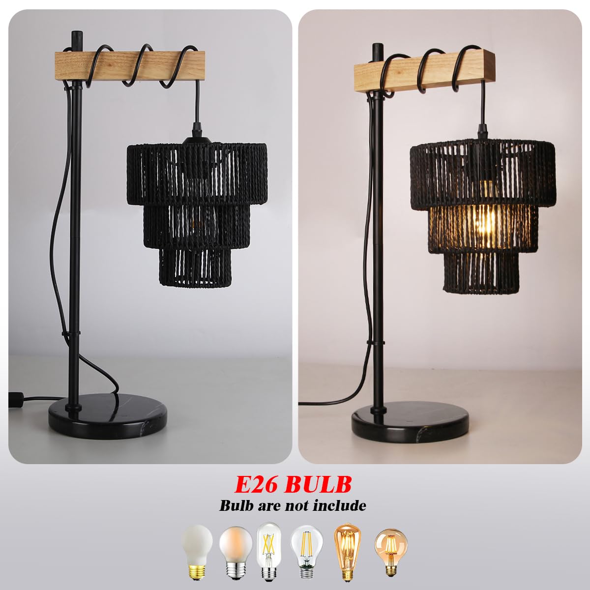 Masivel Rattan Table Lamp, Boho Wicker Table Lamps, Wood Bedside Desk Lamps For Bedroom Living Room Office Nightstand, E26, Black