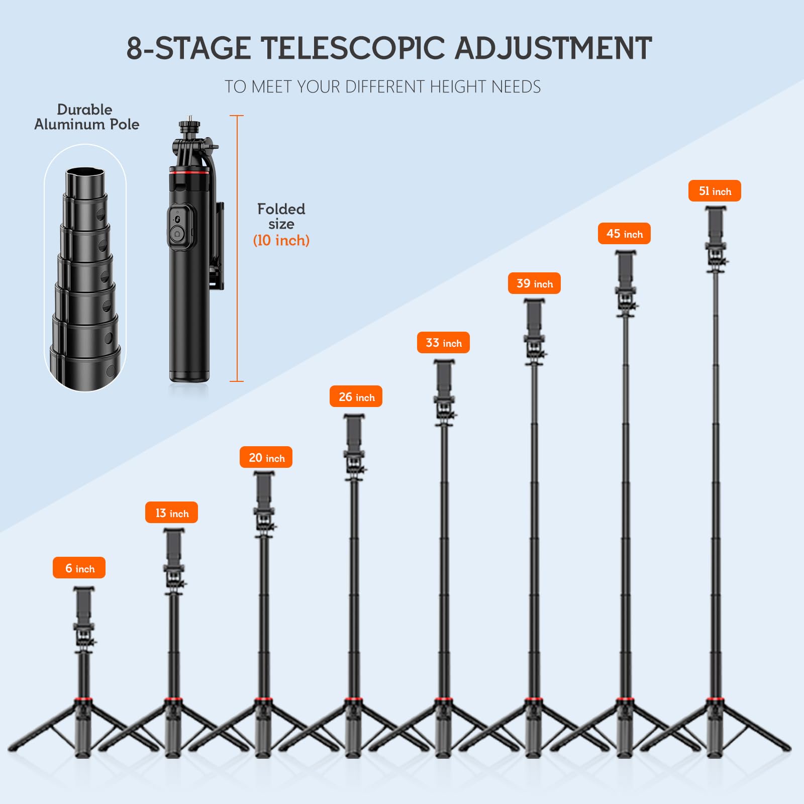Riseofle 51" Cell Phone Selfie Stick Tripod, With Wireless Remote, Portable, Retractable, Aluminum Alloy, For Iphone, Samsung And Other Smartphones