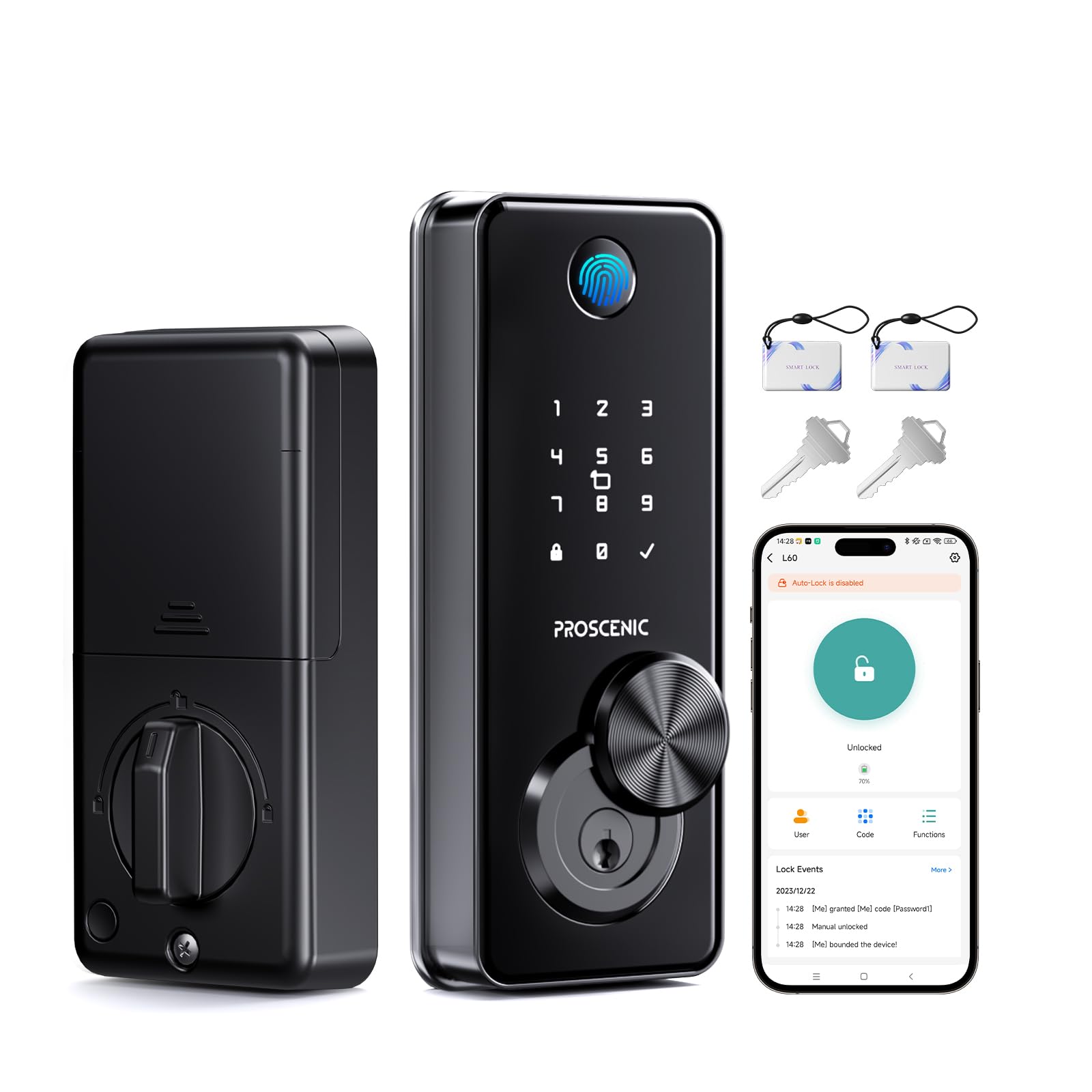 Proscenic L60 Smart Lock [Zinc Alloy Ipx5 Weatherproof] Fingerprint Keyless Entry Door Locks For Front Door, Electronic Digital Deadbolt With App Control, Keypad Code, 2 Keys & Fobs, 1-Year Battery