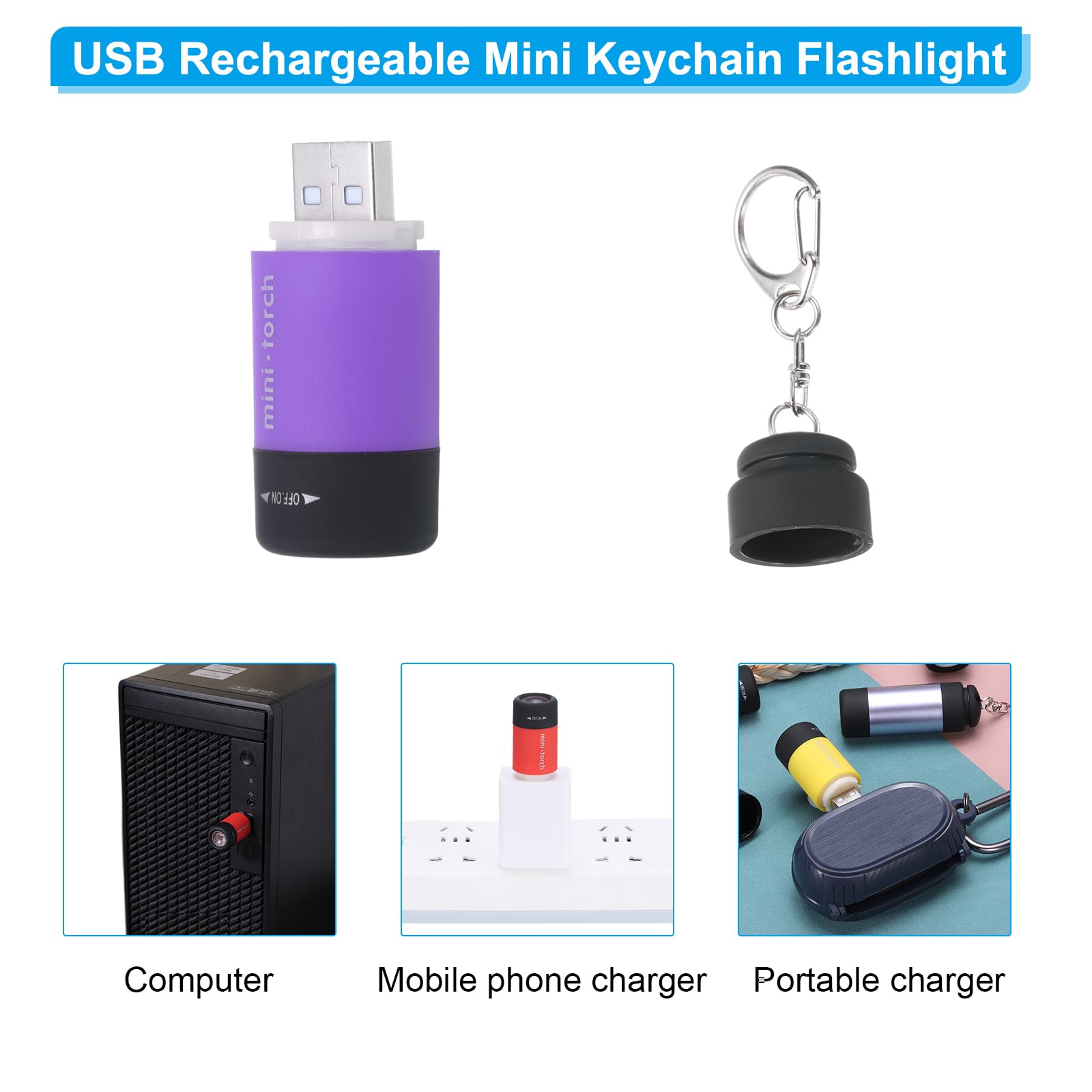 Patikil Mini Keychain Flashlight, Pocket Led Flashlight Portable Torch Usb Rechargeable For Outdoor Camping Party, Purple