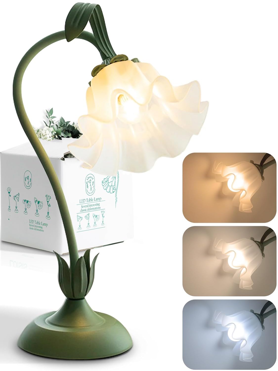 Vqgcacg Flower Lamp,Vintage Flower Desk Lamp 3 Color Temperatures,Flower Table Lamp With E26 Petal Bulb Socket,Gooseneck Cute Green Flower Lamps For Bedrooms Bedside Living Room Office Reading (Flower-Lily)
