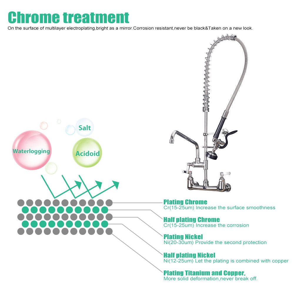 Bestjeef Commercial Sink Faucet With Sprayer 36 Inch Commercial Faucet Pre Rinse Sprayer 8 Inch Wall Mount Center With 12 Inch Add On Spout