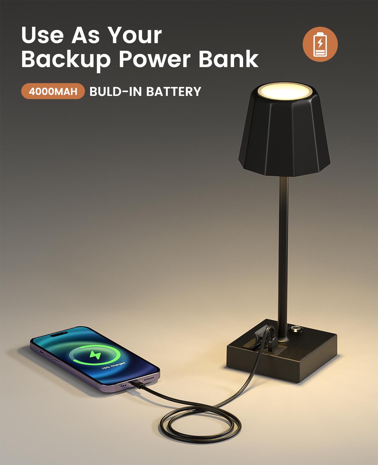 Lightbiz Table Lamp 2 Pack With Usb Output Ports, Touch Control Bedside Lamps 5000Mah Rechargeable Battery Operated, 3 Color Temperature & Stepless Dimming Led Lamp For Bedroom, Living Room, Bar