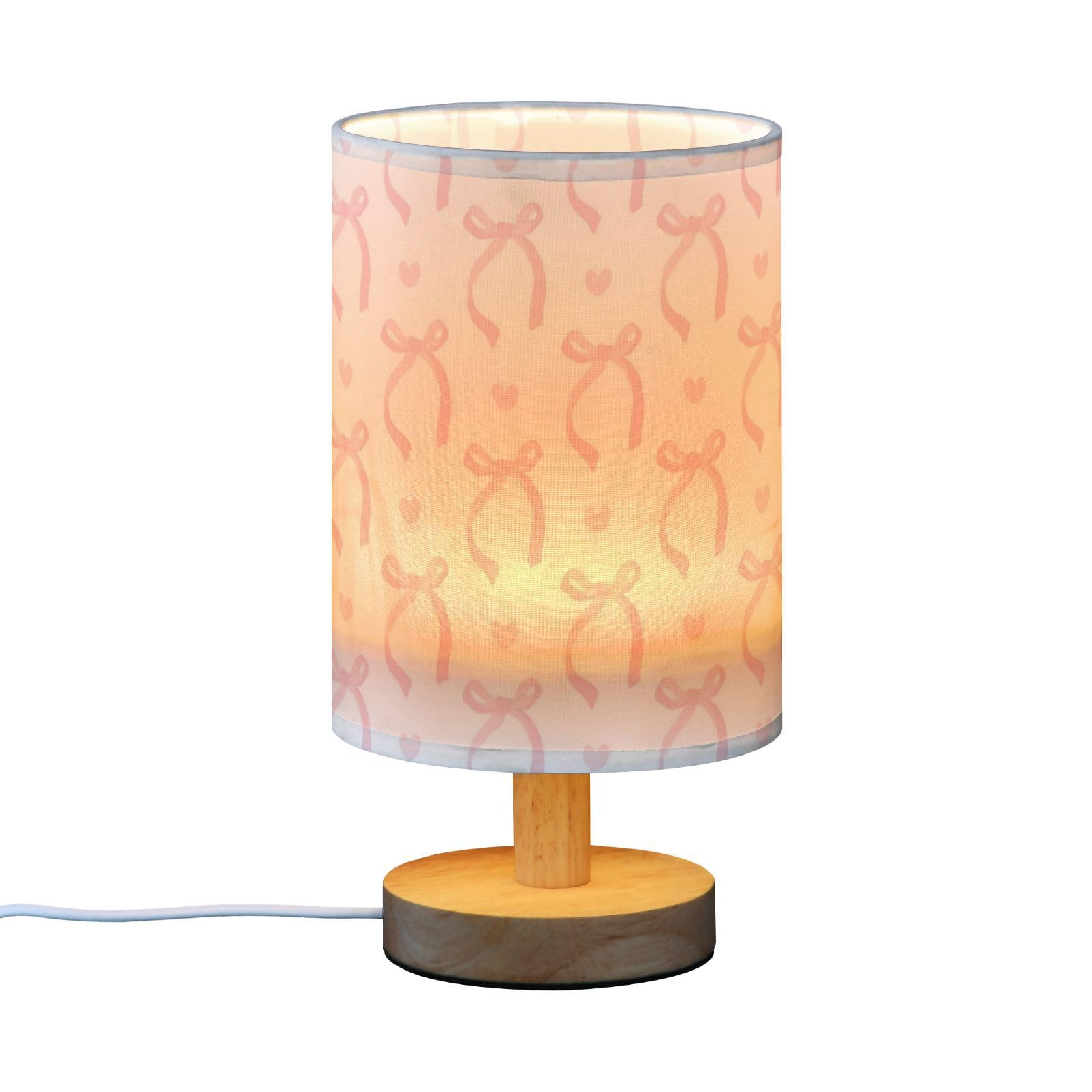 Wusikd Cute Pink Table Lamp Ribbon Bow Led Desk Light Usb Nightstand Lamp With Non Slip Wood Base & Eye-Friendily Lampshade For Living Room Bedroom Dorm Home Office Desk Decor
