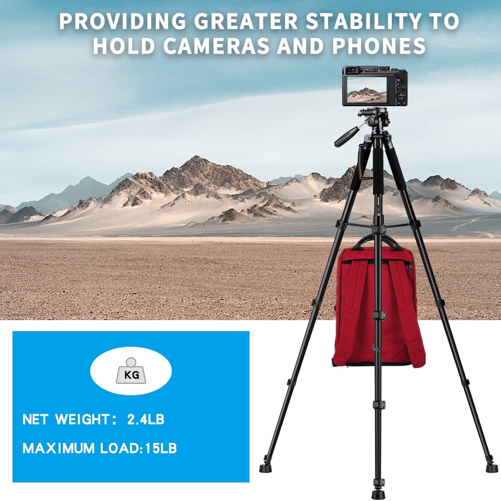 Uegogo 74"/188Cm Lightweight Camera Tripod Holder For Dslr Slr Camera, Portable Tall Tripod Stand With Carry Bag & Phone Holder Perfect For Video Recording/Selfies/Live Stream/Vlogging