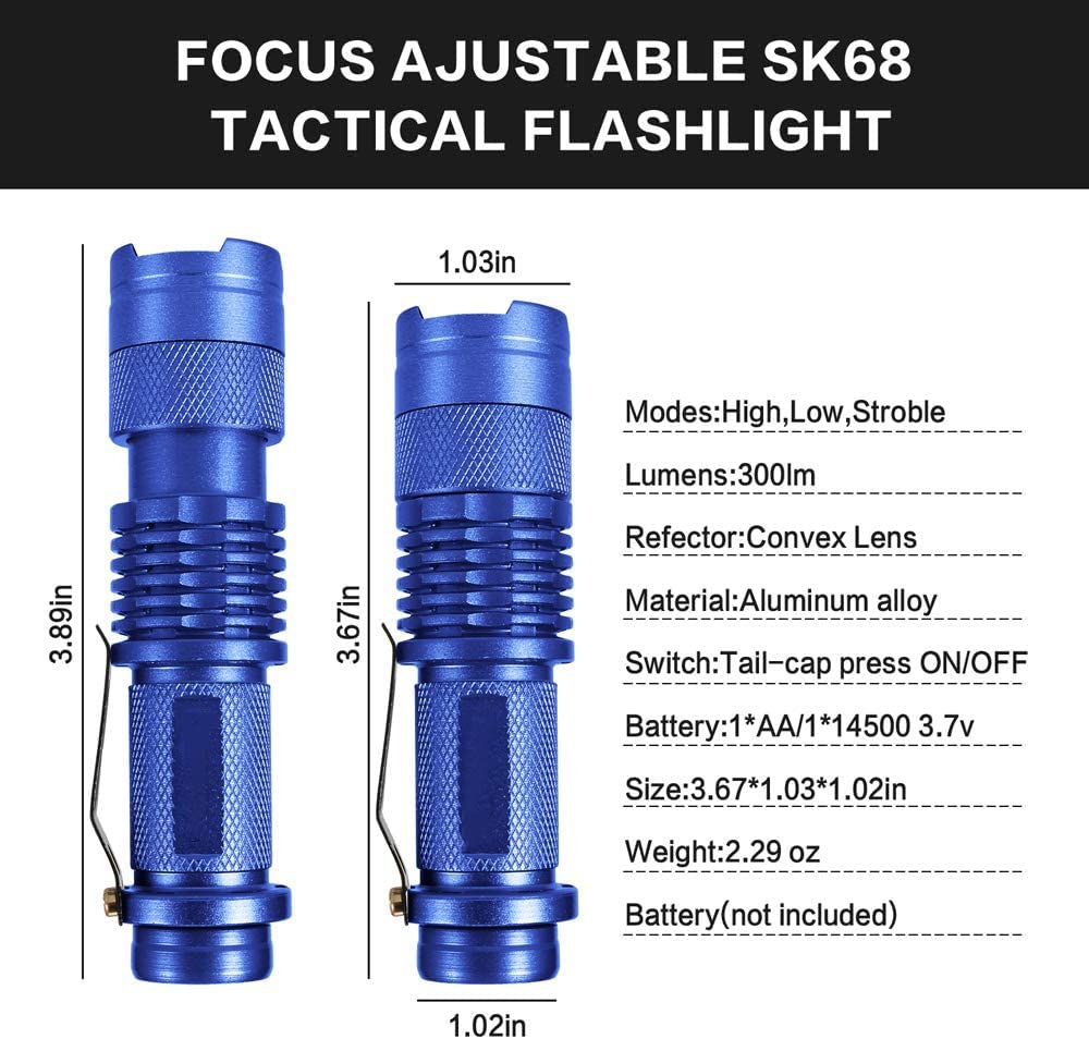 Modoao 6 Pack,7W 300Lm Sk-68 3 Modes Mini Light Black Q5 Led Tactical Flashlight, Led Mini Flashlights,Adjustable Focus Zoomable Tactical Flashlight For Camping Hiking Emergency（Blue