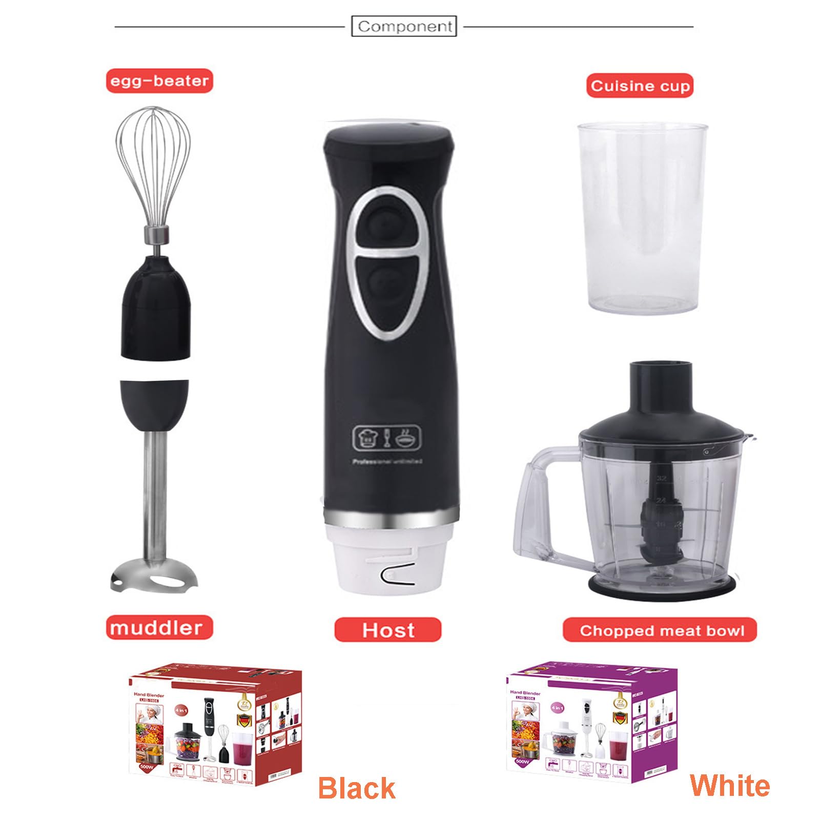 Uniqus Handheld Immersion Blender With 2-Speed Stirrers Electric Whisk Kitchen Essentials Set For Food Sauces Soups Includes Egg-Beater, Muddler, Cuisine Cup, Chopped Meat Bowl 4-In-1 Hand Blender