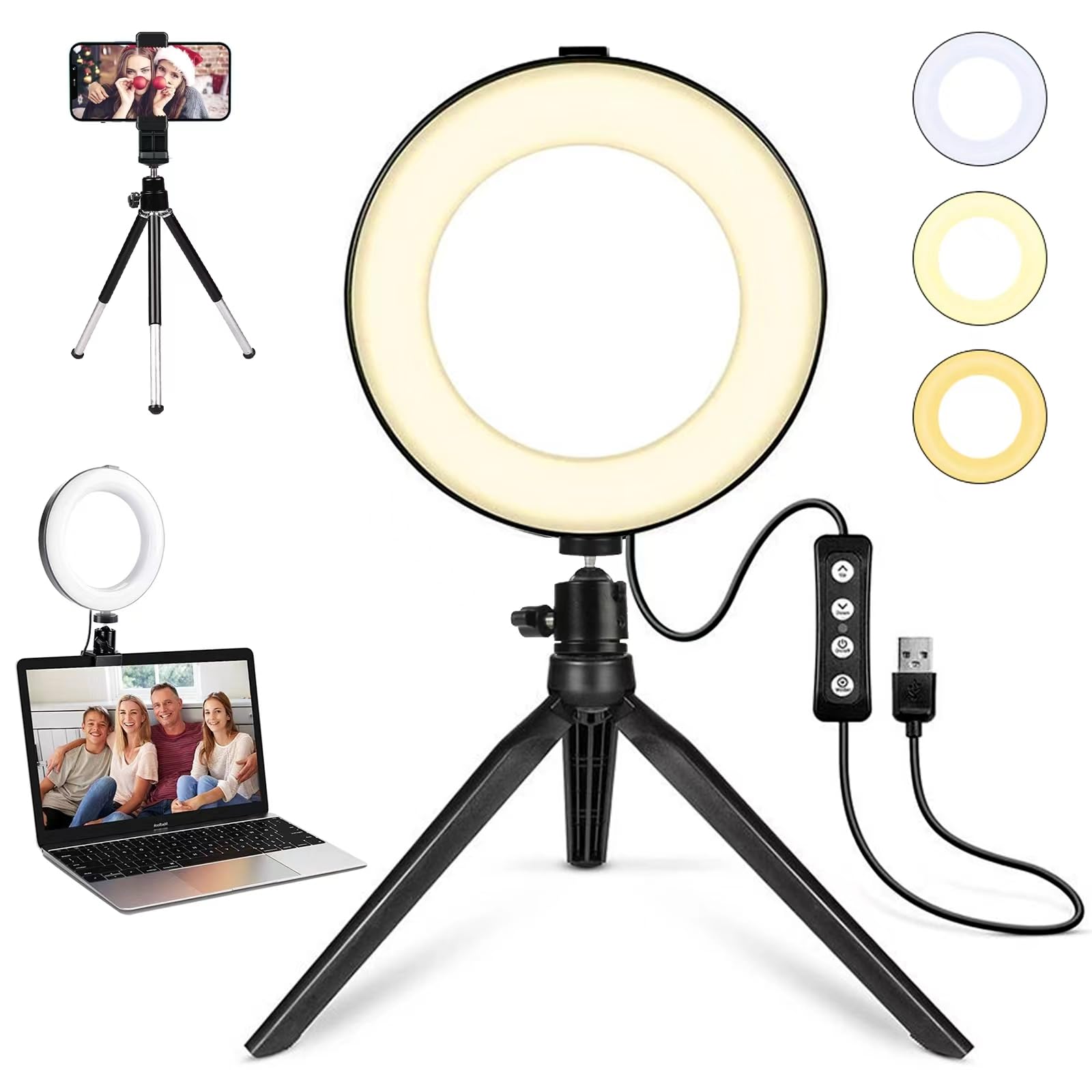 Mactrem 2 In 1 Led 6"" Ring Light With Tripod Stand & Clamp For Youtube Video And Makeup, Mini Led Camera Light With Cell Phone Holder Desktop Led Lamp With 3 Light Modes & 11 Brightness Level, Black