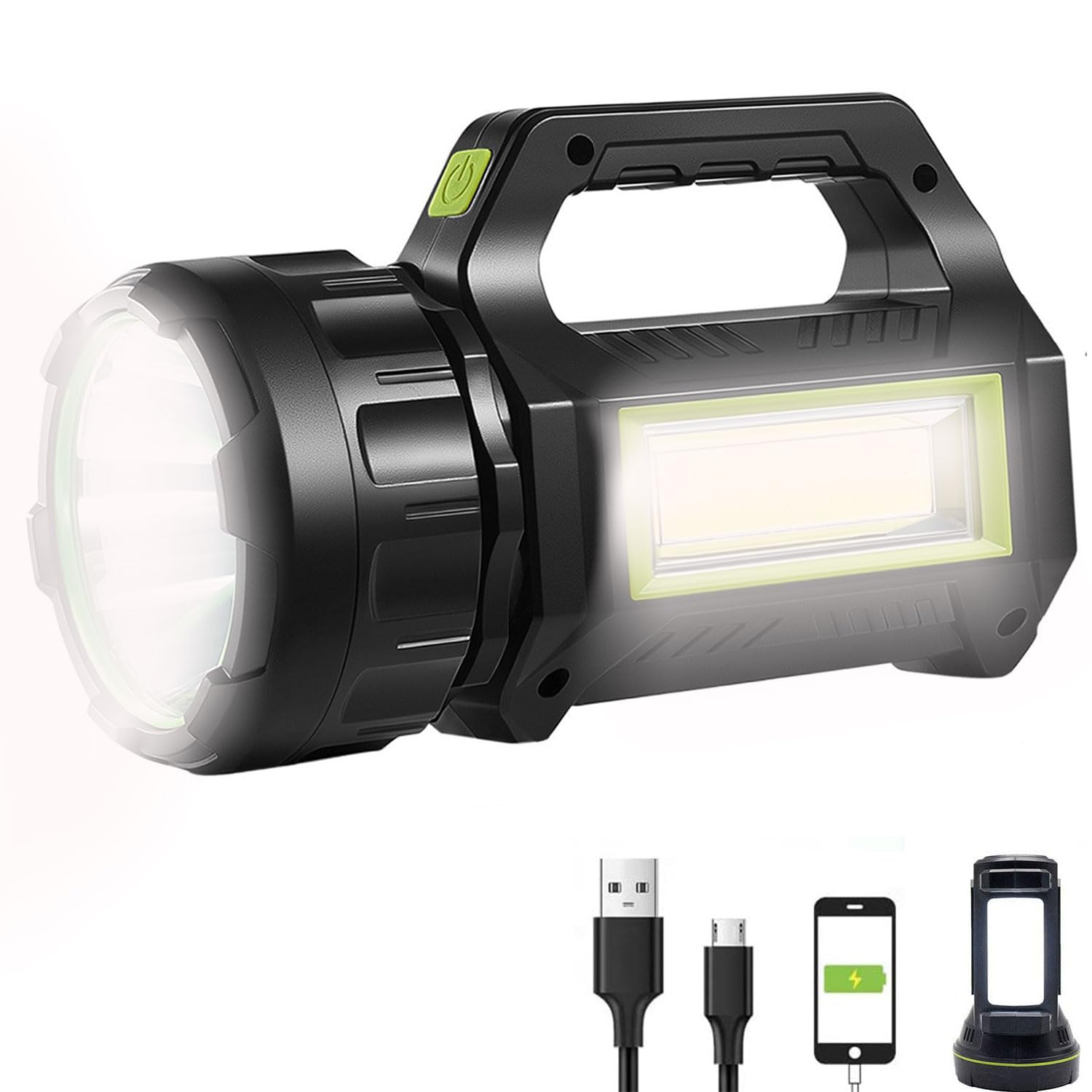 Haashada Led Searchlight Led Lantern, Solar Rechargeable Super Bright 10000Lm Handheld Leds Spotlight, Multifunctional Camping Lamp Work Lights, 7 Light Modes, Power Bank, Ipx4 Waterproof, For Emergency