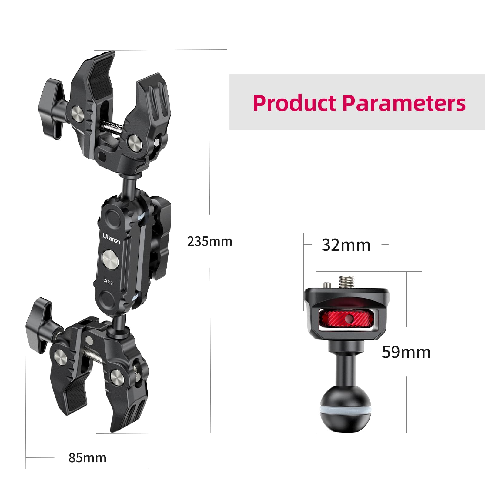 Ulanzi Super Clamp Double Camera Clamp With 1/4" Adapter, Co17 Crab Plier Clip Bracket Mount Monitor Magic Arm Double Ball Head Adapter For Photo Studio Light Stand, Photo Boom Stand, Cross Bars