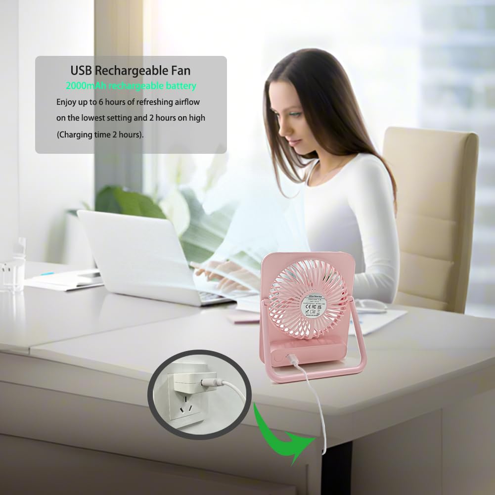 Desk Fan Battery Operated Portable Fan,2000Mah Usb Rechargeable Fan, 4 Speeds Adjustable 180°