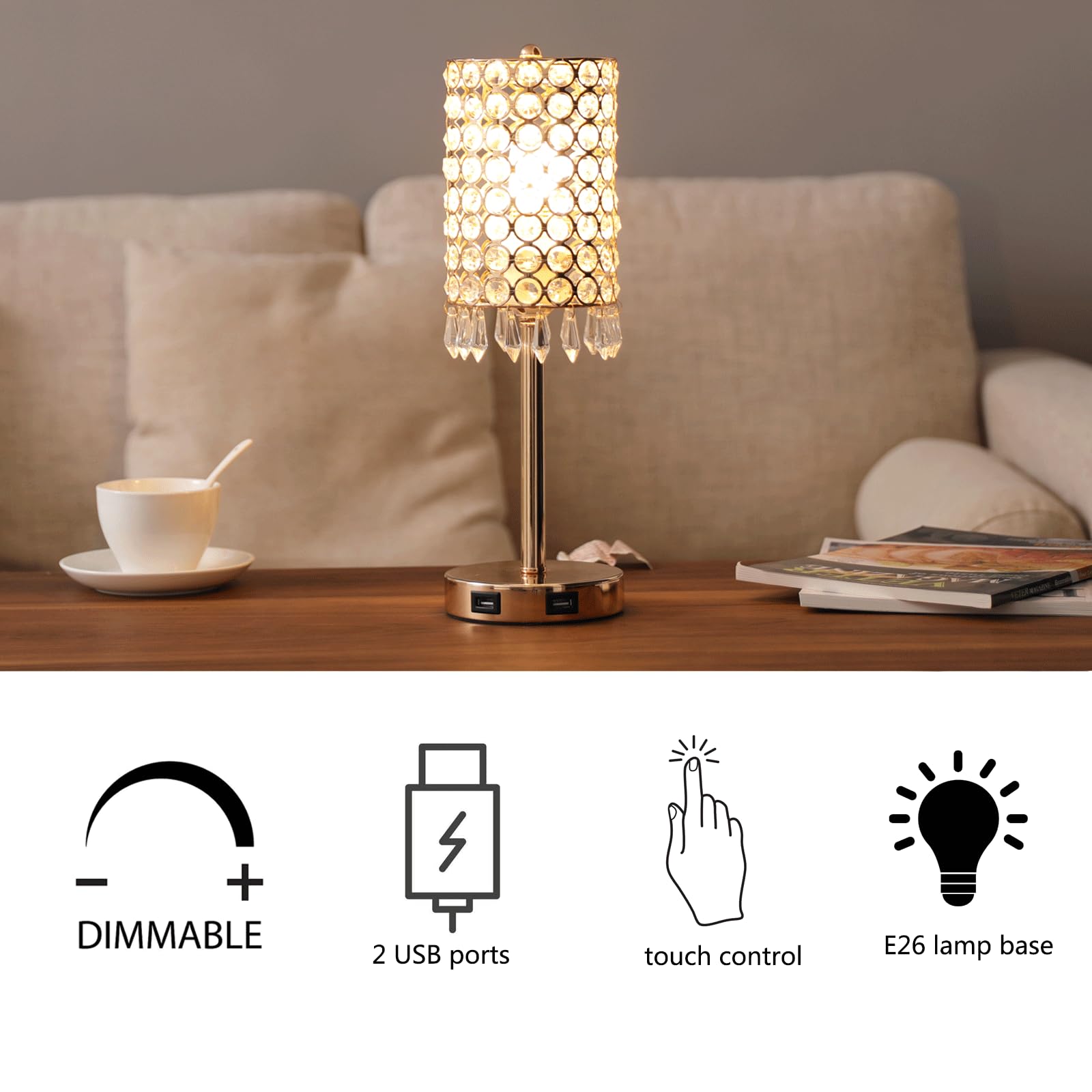 Cotulin Crystal Table Lamp,Small Gold Lamp For Living Room With Usb Ports, 3 Way Dimmable Touch Lamp With Crystal Shade, Bedside Nightstand Gold Accent Lighting For Living Room Bedroom Home Office