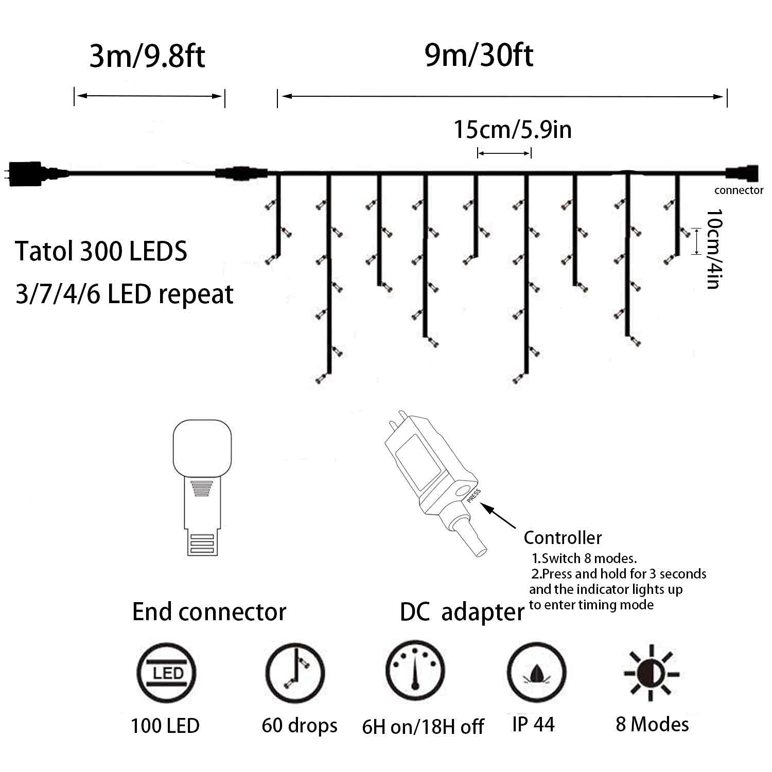 Yasenn 300Led Icicle Style String Lights 29.5Ft,Update Connectable 8 Lighting Modes With Timer Icicle Lights For Home Garden Outdoor Indoor Eave Decor (Cool White Led White Cable)