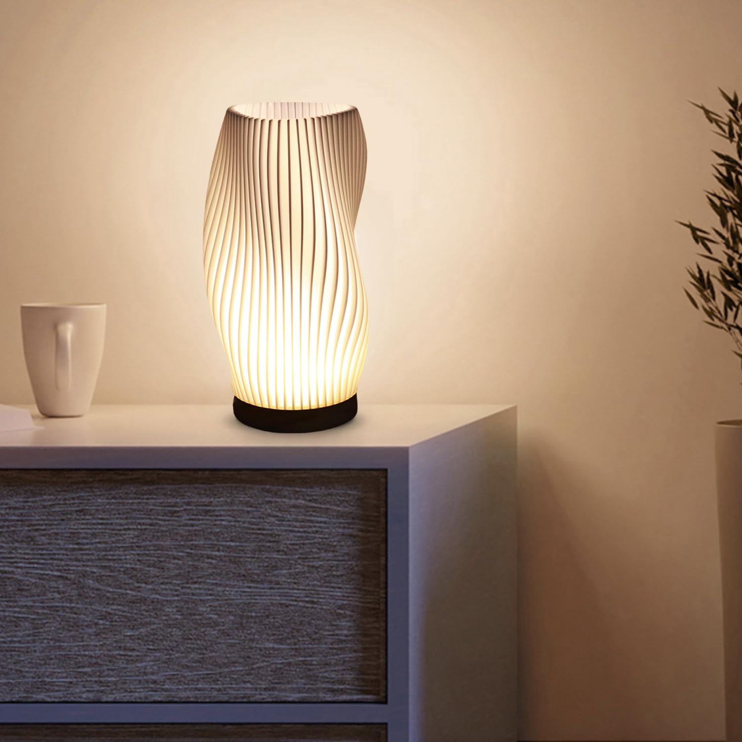 Wxrhiyer Bedroom Table Lamp With Wooden Base - Adjustable 3 Light Modes,3D Printed Lampshade Modern Nightstand Lamp,Suitable For Living Room,Desk (Curve)