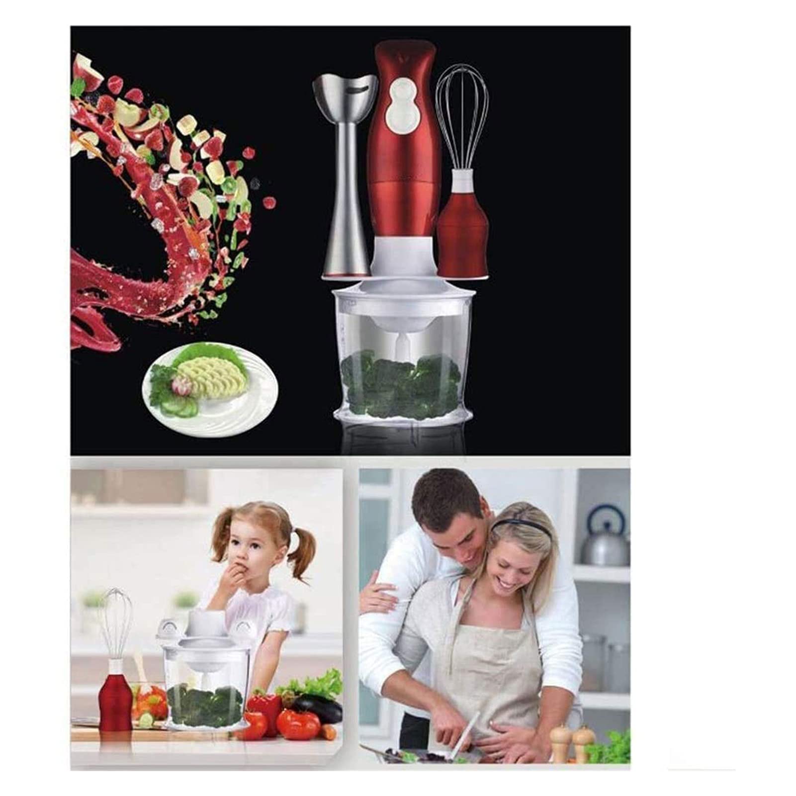 Hhwksj Immersion Hand Blender With Whisk Attachment, Quickly Mixes Sauces, Purees Soups, Smoothies & Dips, Bpa-, Easy To Clean, Stainless Steel/Red
