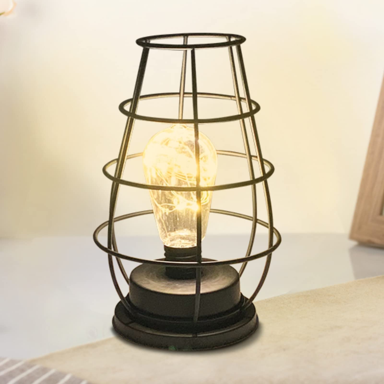 Lvoertuig Iron Night Light,Vintage Table Lamp, Black Retro Industrial Iron Metal Wire Basket Cage Style Light Shade Desktop Light For Bedside Desk Modern Decor