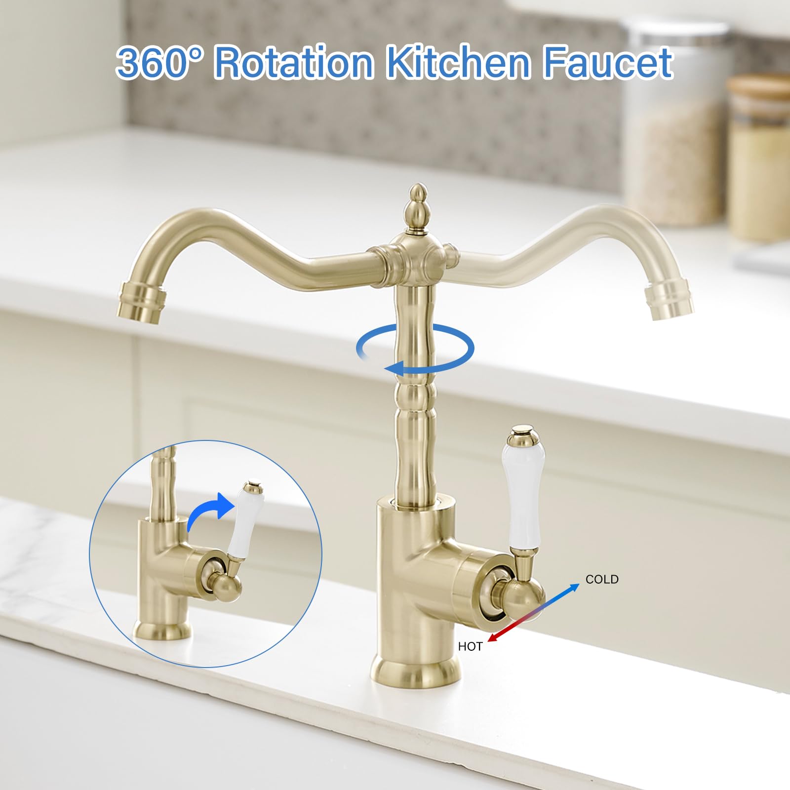 Bwe Brushed Gold Kitchen Sink Faucet Single Handle Bar Faucet For Kitchen Sink With 360° Swivel Spout High Arc Single Hole Wet Bar Faucet Mixer Tap Farmhouse