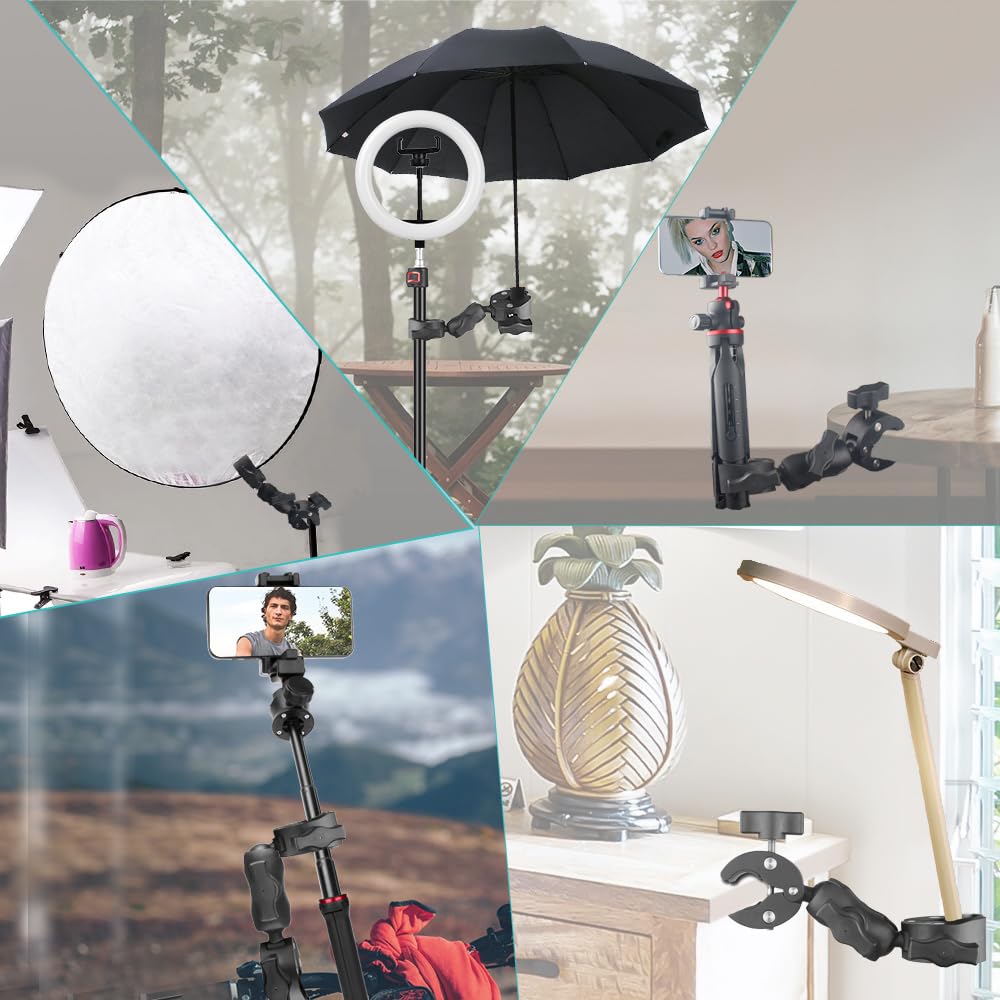 Jebutu Double Clamp Mount With 360°Magic Arm Umbrella Pole Clamp For Chair Monitor Desk Photo Studio Light Stand, Photography Reflector, Strollers, Motorcycle, Flag Holder Mount, Cross Bar, Photo Boom Stand