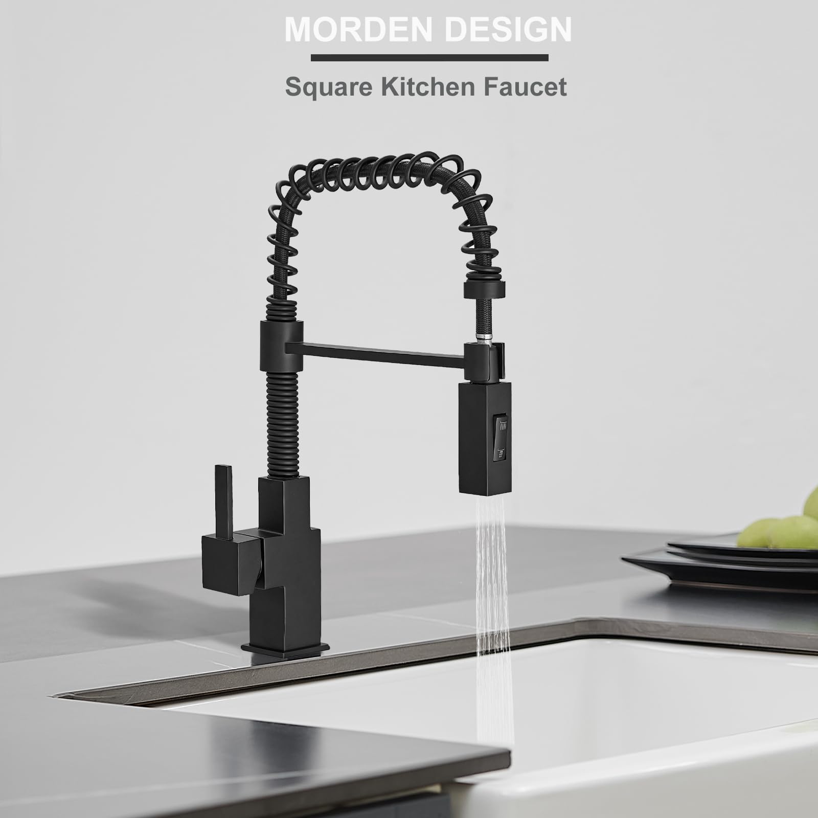 Besy Morden Square Matte Black Kitchen Faucet, Single Handle 2 Function Pull Down, Commercial Solid Brass Spring Rv Square Kitchen Sink Faucet With Pull Down Sprayer Laundry Faucet
