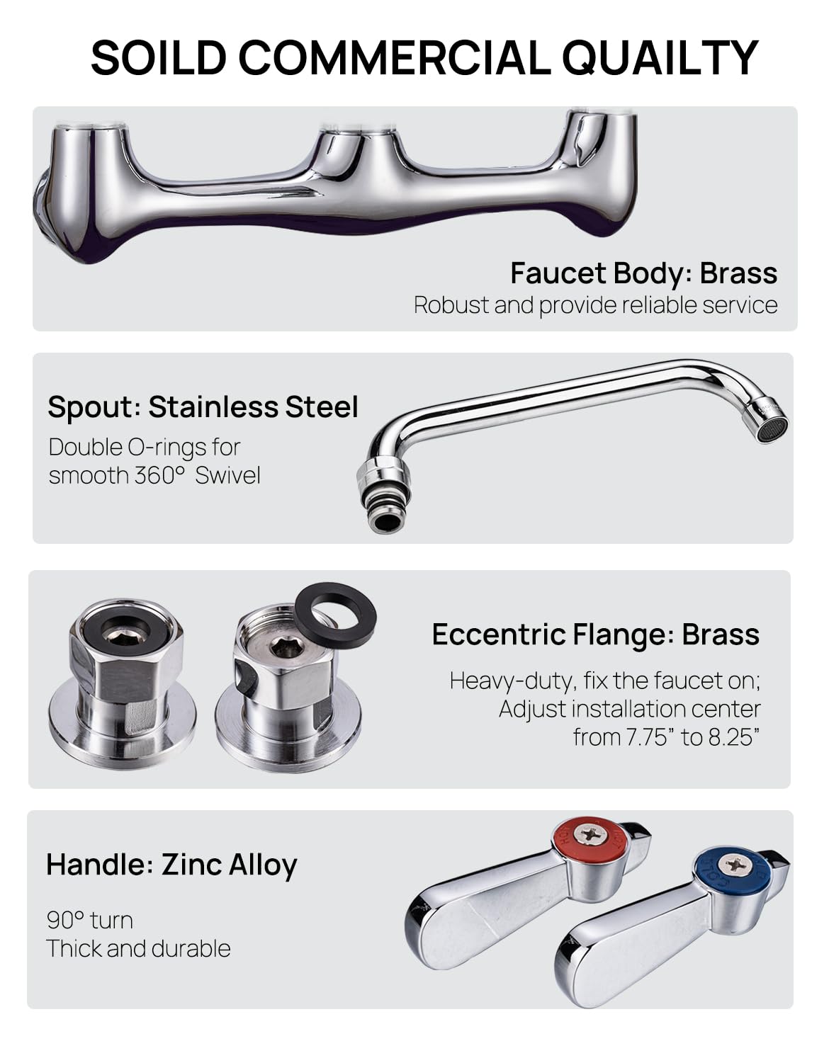 Sepaitek Leak- Kitchen Faucet Wall Mount 8" Center 12" Spout, Commercial Sink Faucet 2 Hole 2 Handles, Laundry Industrial Restaurant Compartment Sink Faucet, Brass
