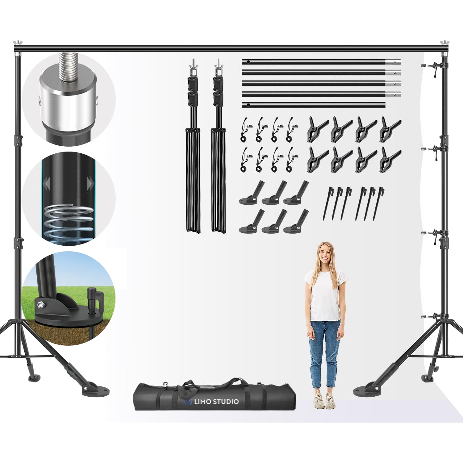 Ls Limo Studio Limostudio Limostudio [Super Heavy Duty] 12.6 X 10.4 Ft. (W X H) Backdrop Stand, Most Heavy Duty In Market, Thick Pole, No Bending, Ground Shoe Mount For Outdoor Use, Shock-Proof Spring Tripod, Agg1111