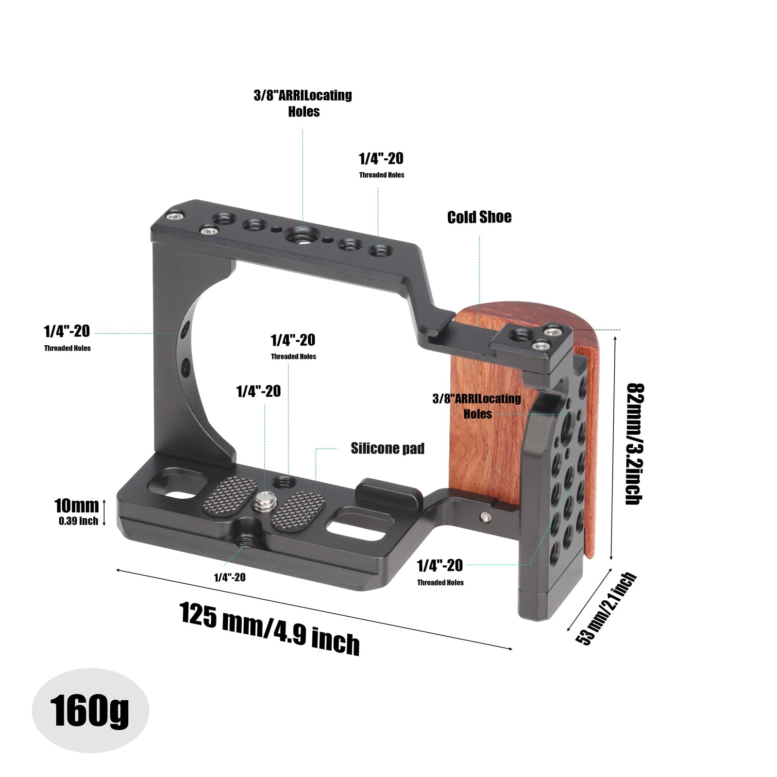 Focusfoto Aluminium Camera Cage With Wooden Side Handle Grip For Sony Alpha Zv-E10 Camera, Extension Full Frame Video Stabilizer With Cold Shoe 1/4"-20 3/8"-16 Locating Hole For Arri Grip, Mic, Led