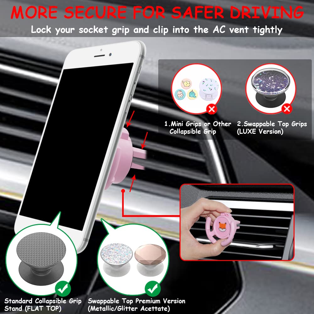 Homefox Car Vent Mount Holder 2 Pack - Compatible With Popsocket - Car Mount Made For Pop Socket Grips Collapsible Phone Holder For Pop Mount With Secure Ac Vent Clip, Horizontal Air Vent Only (Pink)
