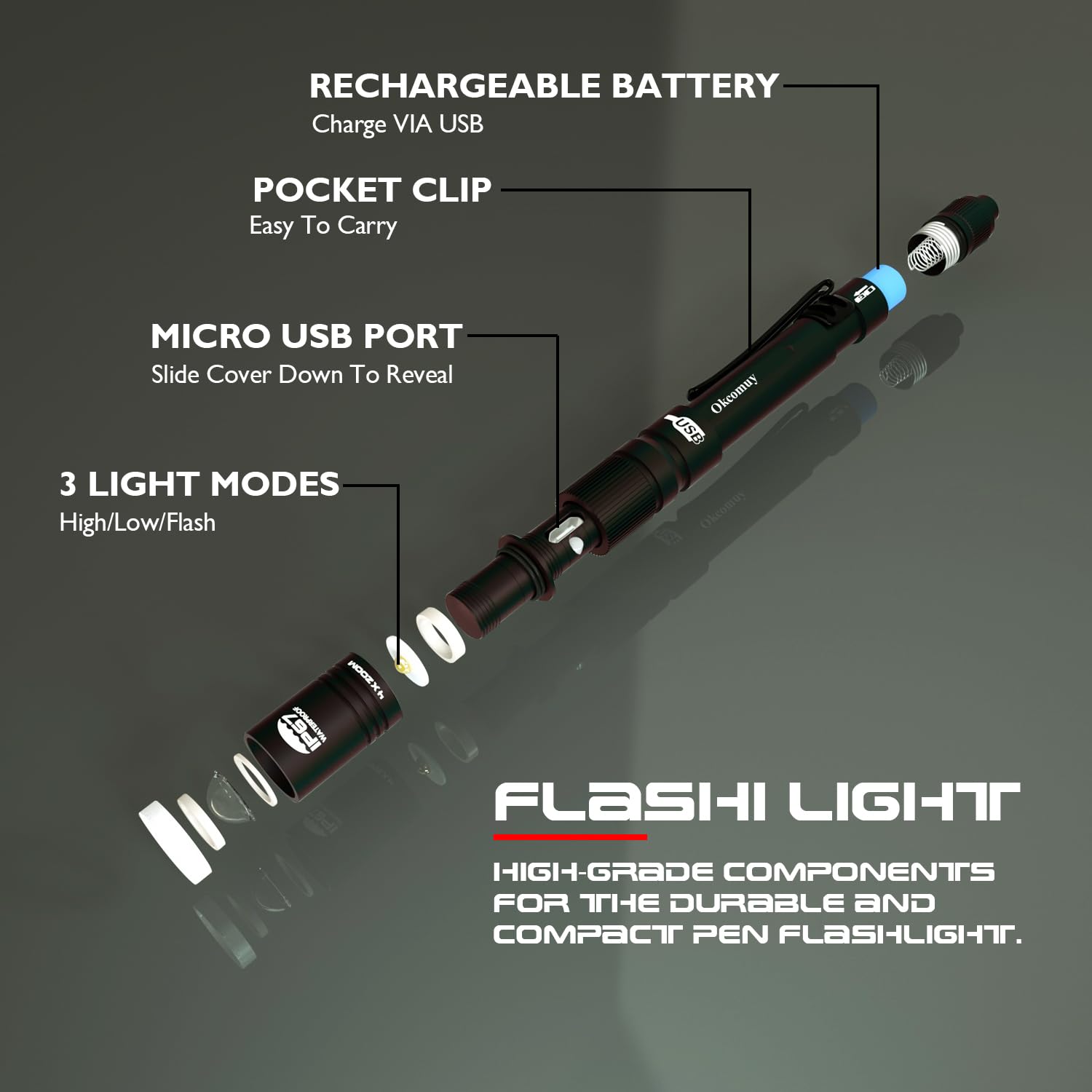 Okcomuy Rechargeable Pen Light Flashlight Ip67 Waterproof With Pocket Clip 4-Zoomable, Prefect Pocket Flashlight For Inspection,Work,Repair