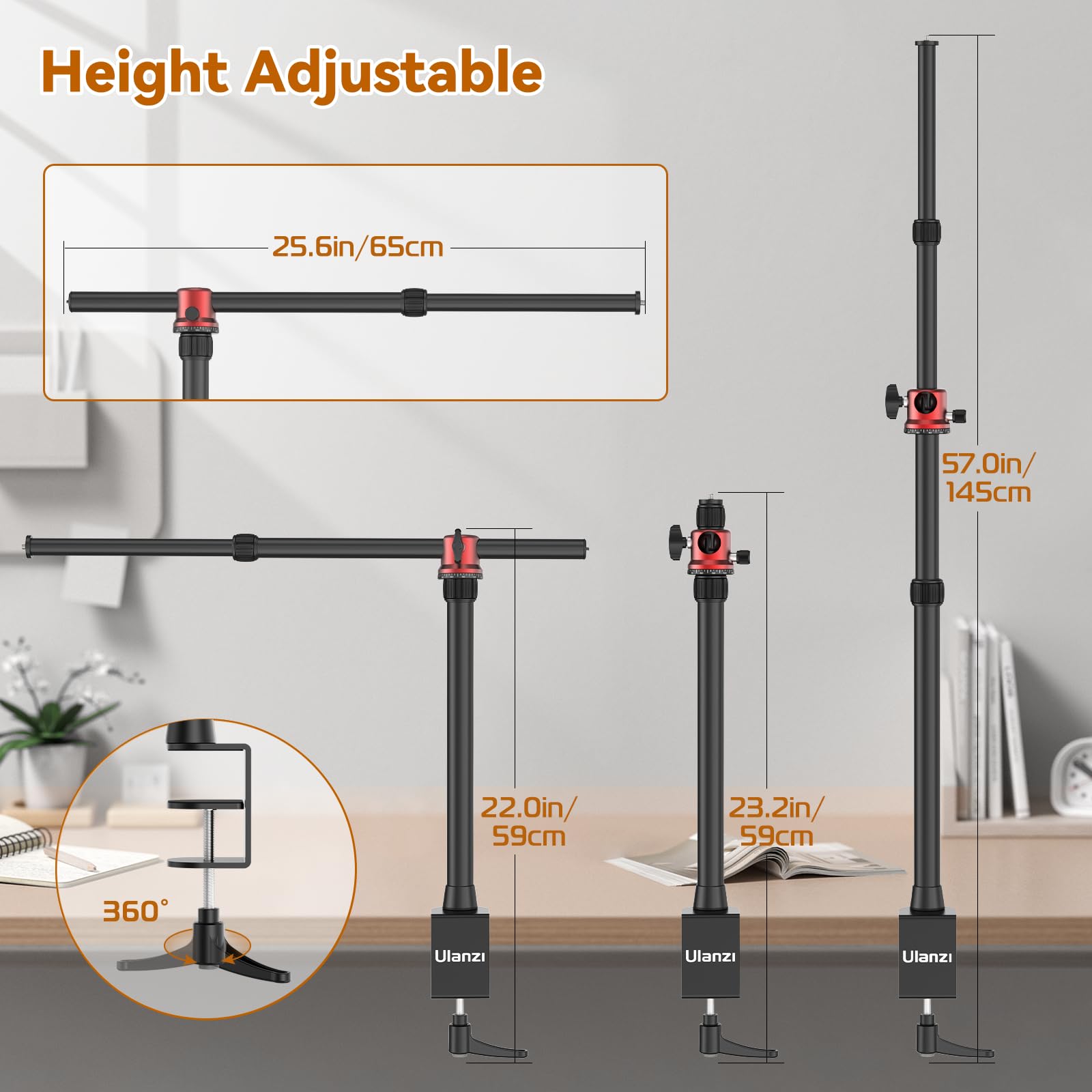 Jusmo Mt-88 Overhead Camera Mount Desk Stand Phone Holder For Video Recording, Horizontal/Vertical Switching, Aluminum 4-Sections Light Stand For Dslr, Cameras, Phones, Lights, Max Load 13.23Ibs