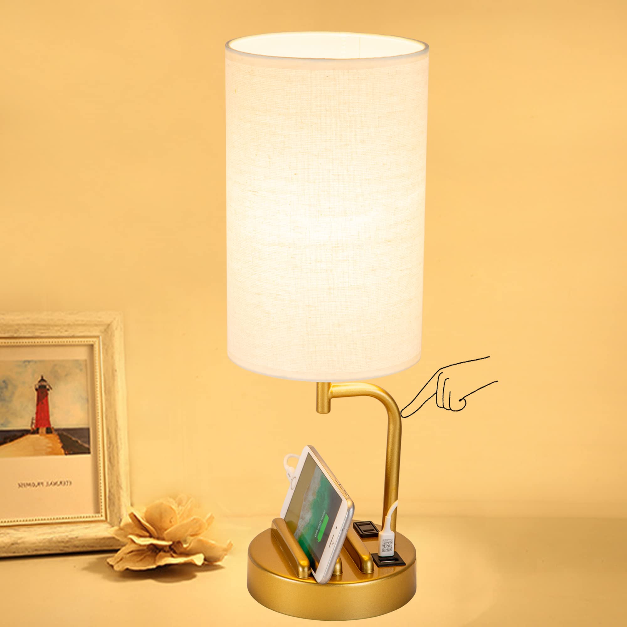 Dreamholder Touch Control Usb Table Lamp, 3-Way Dimmable Bedside Desk Lamp With Usb C & A Charging Ports And Ac Outlet, Nightstand Lamp For Bedroom, Dimmable Bulb Included, Gold