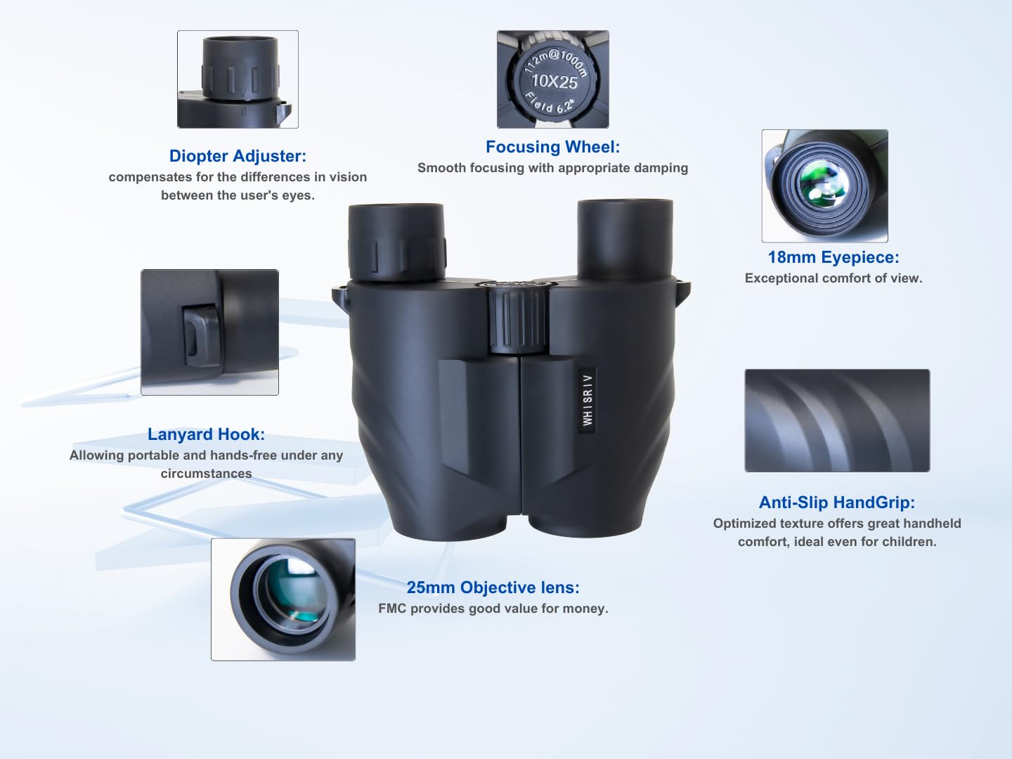 Whisriv 10X25 Compact Binoculars For Adults, Large Eyepiece, Wide Field Of View, Long Eye-Relief, Easy Focus, Fmc, Ideal For Travel, Sports, Bird Watching, Football, Outdoor Activities