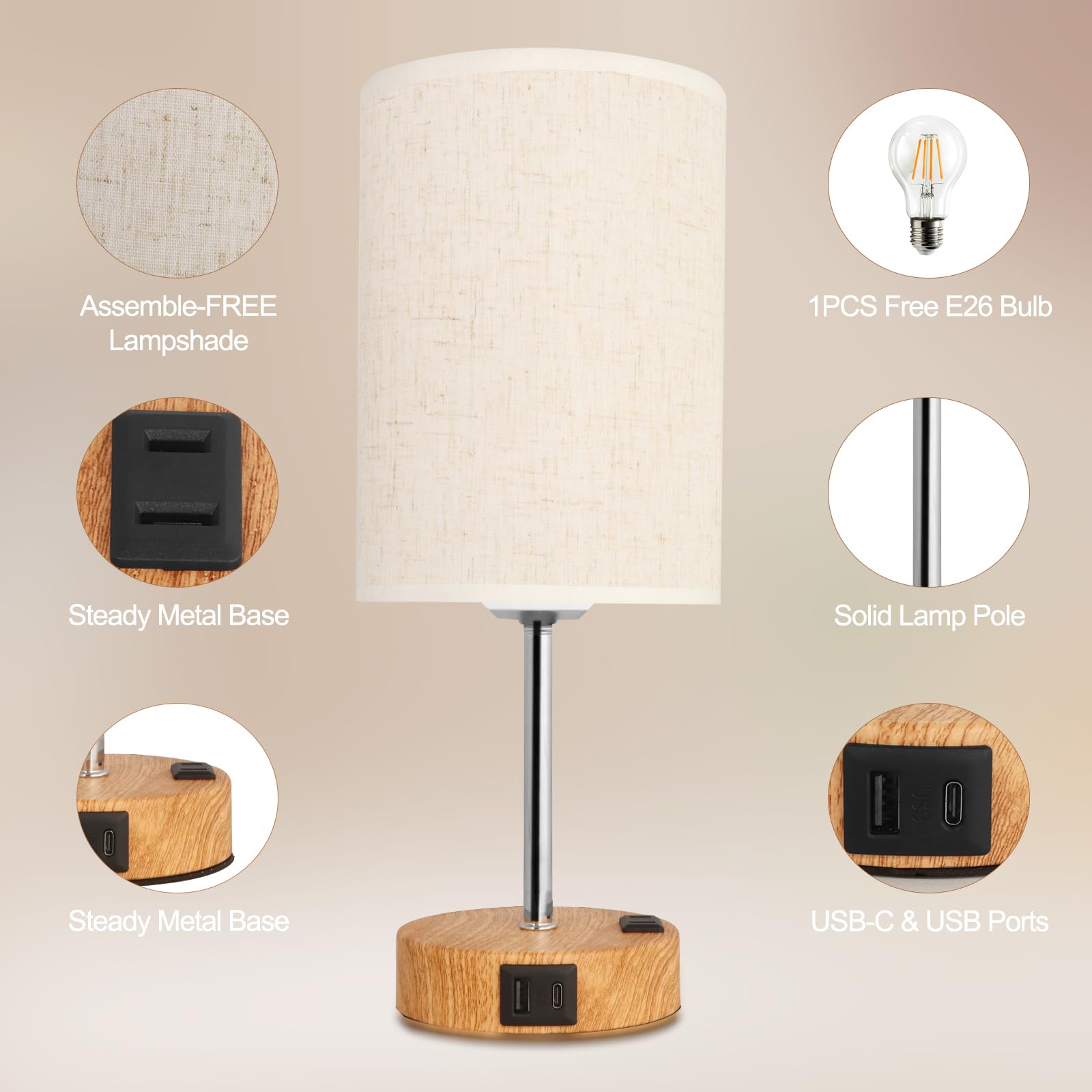 Novus Lighting Touch Table Lamp - 3 Way Dimmable Bedside Table Lamp With Usb-C Usb-A And Ac Charing Ports Wood Grain Base With Linen Lampshade E26 Bulb Included (Birch Wood Grain)