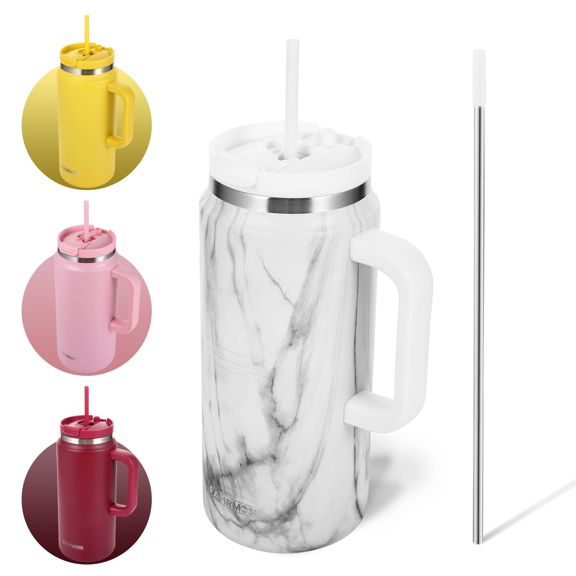64 Oz Tumbler With Handle And Straw Half Gallon Water Bottle Stainless Steel Travel Mug