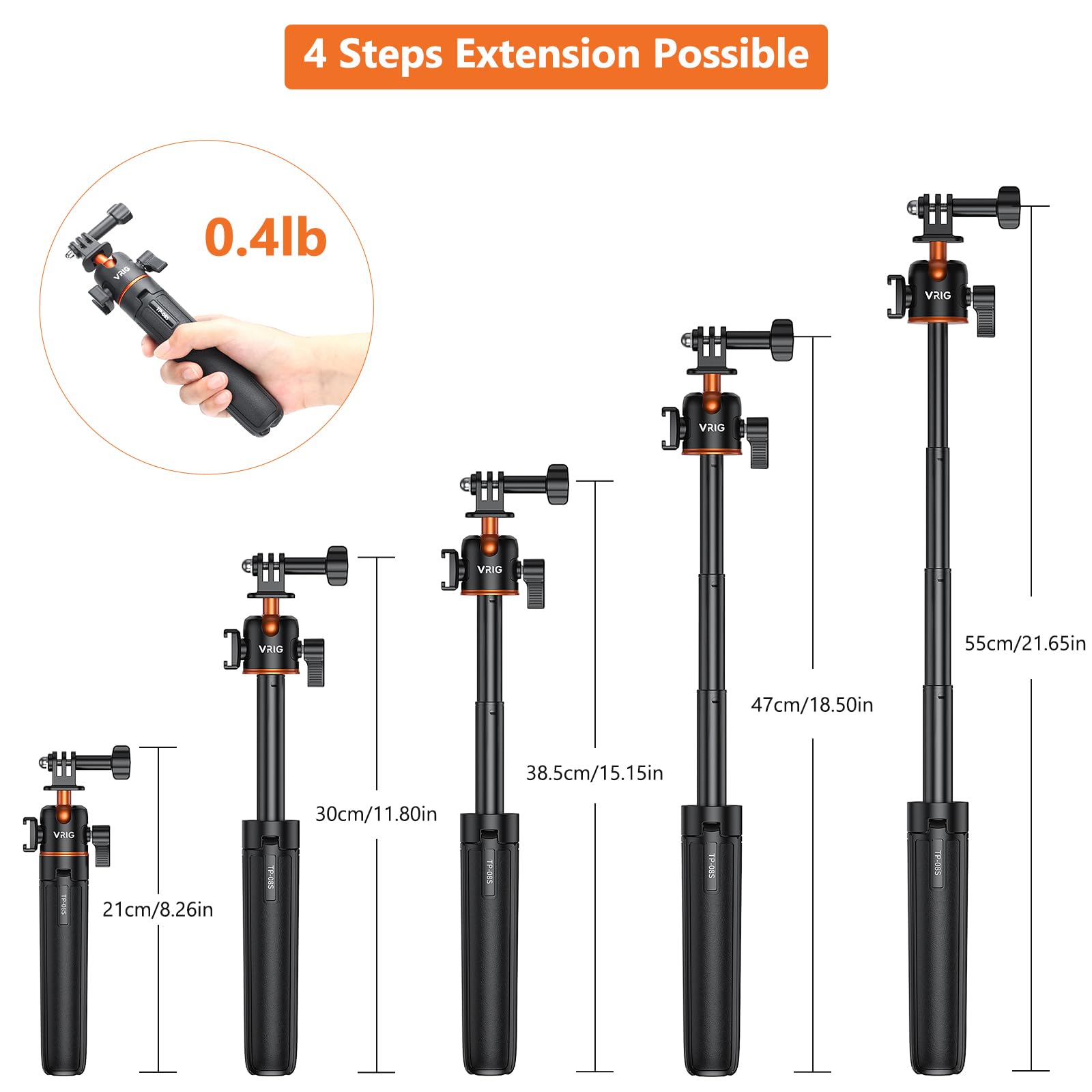 Vrig Select Vrig 21" Extendable Selfie Stick Tripod For Gopro With 360° Ballhead, Portable Vlog Selife Stick Tripod Stand For Dji Osmo Action 5Pro/4/3,Gopro Max Hero 13 12 11 10 9 8 7 6 5/Insta 360 Ace Pro