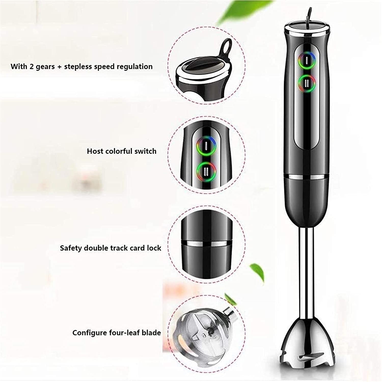 Kaabeto Hand Blender 1000W 700Ml Immersion Blender 9 Speed Control, 4 In 1 Powerful Stick Blender, Chopper, Whisk, 500Ml Food Grinder For Sauces Smoothie Puree Infant Food (Black)