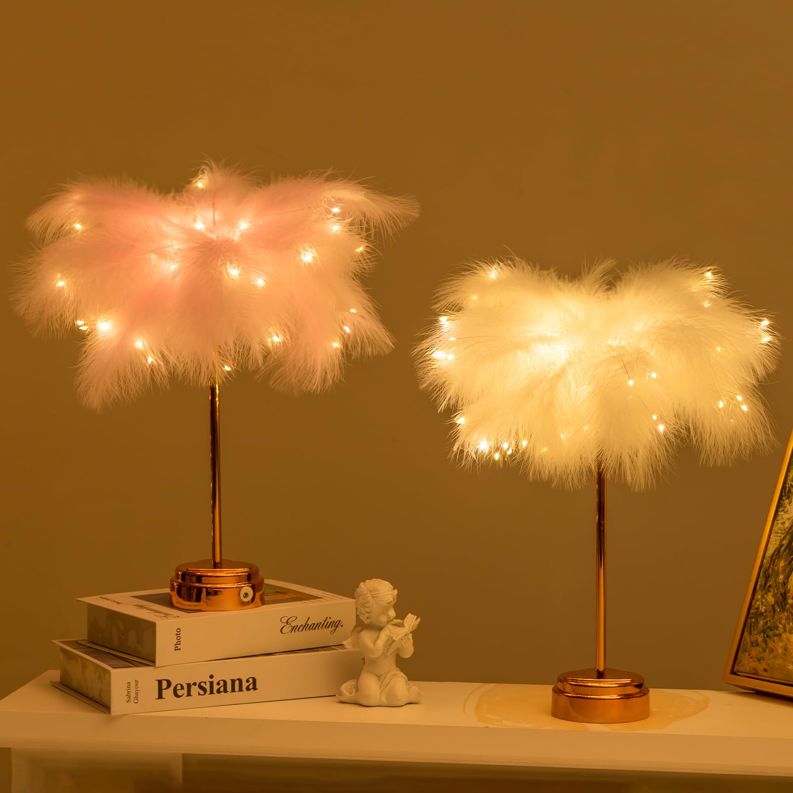 Bdusxyz Pink Feather Lamp - Led Atmosphere Feather Night Lights Bedside Lamps For Mother, Girlfriend Home Girl Room Wedding Decoration
