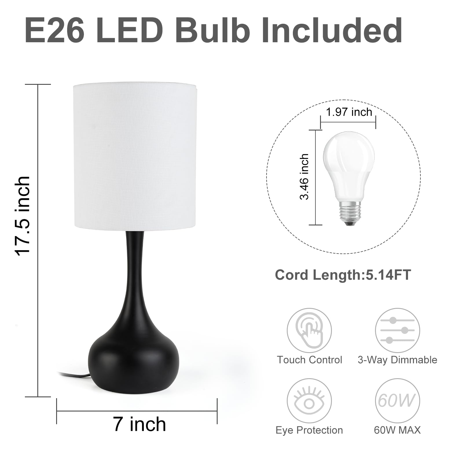 Qingjiamen Touch Lamps For Nightstand, Gold Bedside Lamp Touch Control For Bedroom With Linen Shade, Mid Century Modern 13 Inch Small Table Lamp (Black Round - 1Pack)