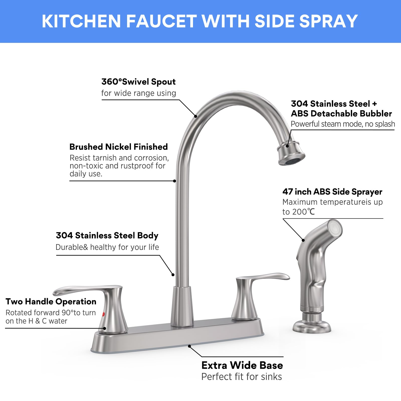 Gowin Brushed Nickel Kitchen Sink Faucet With Side Sprayer, Two Handle High Arc 4 Holes 8 Inch Centerset Stainless Steel Kitchen Sink Faucet With Pull Out Sprayer,Grifos De Cocina